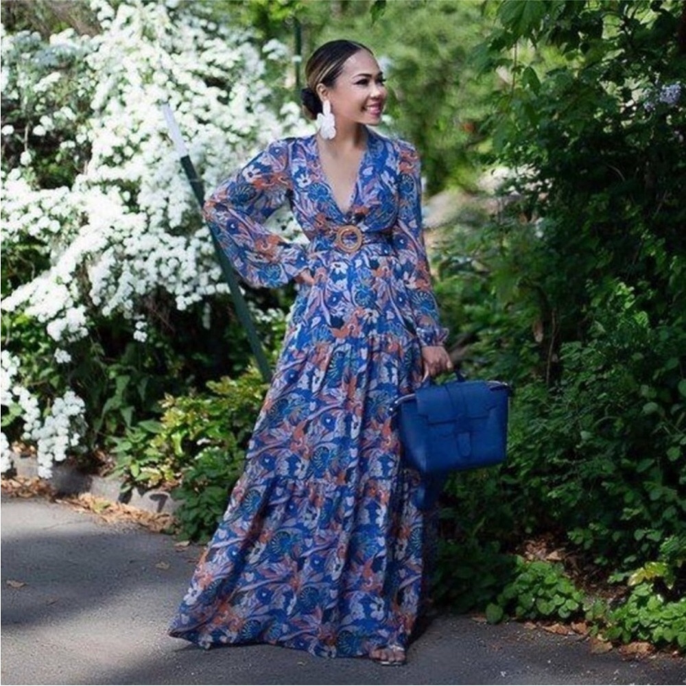 GIANNI BINI Blue Floral Cutout Chiffon Maxi Dress Long Sleeve Size 4 6 New